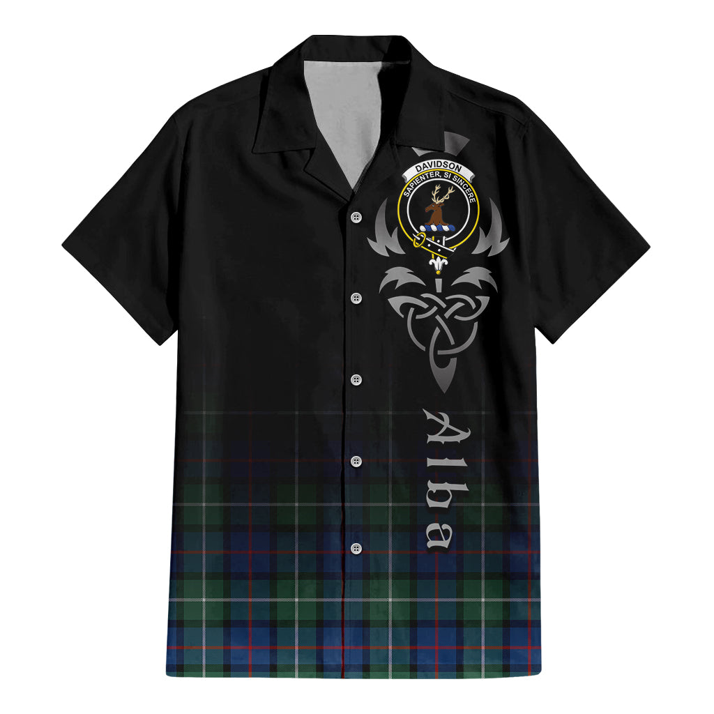 Tartan Vibes Clothing Davidson of Tulloch Tartan Short Sleeve Button Up Featuring Alba Gu Brath Family Crest Celtic Inspired