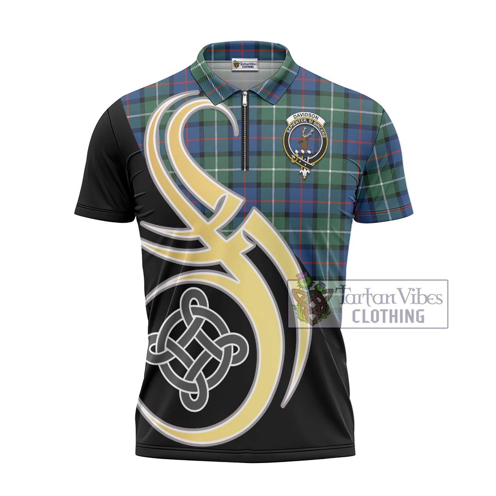 Tartan Vibes Clothing Davidson of Tulloch Tartan Zipper Polo Shirt with Family Crest and Celtic Symbol Style