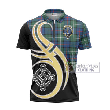 Davidson of Tulloch Tartan Zipper Polo Shirt with Family Crest and Celtic Symbol Style