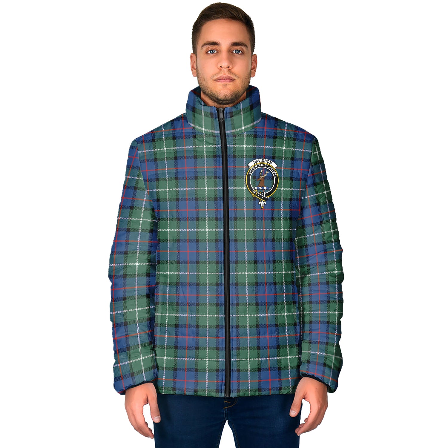 Davidson of Tulloch Tartan Padded Jacket with Family Crest - Tartan Vibes Clothing