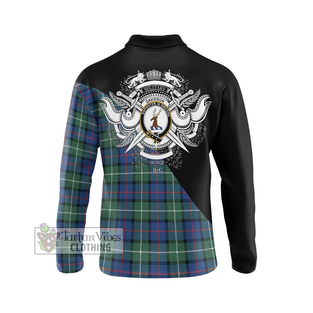 Davidson of Tulloch Tartan Long Sleeve Polo Shirt with Family Crest and Military Logo Style - Tartanvibesclothing Shop