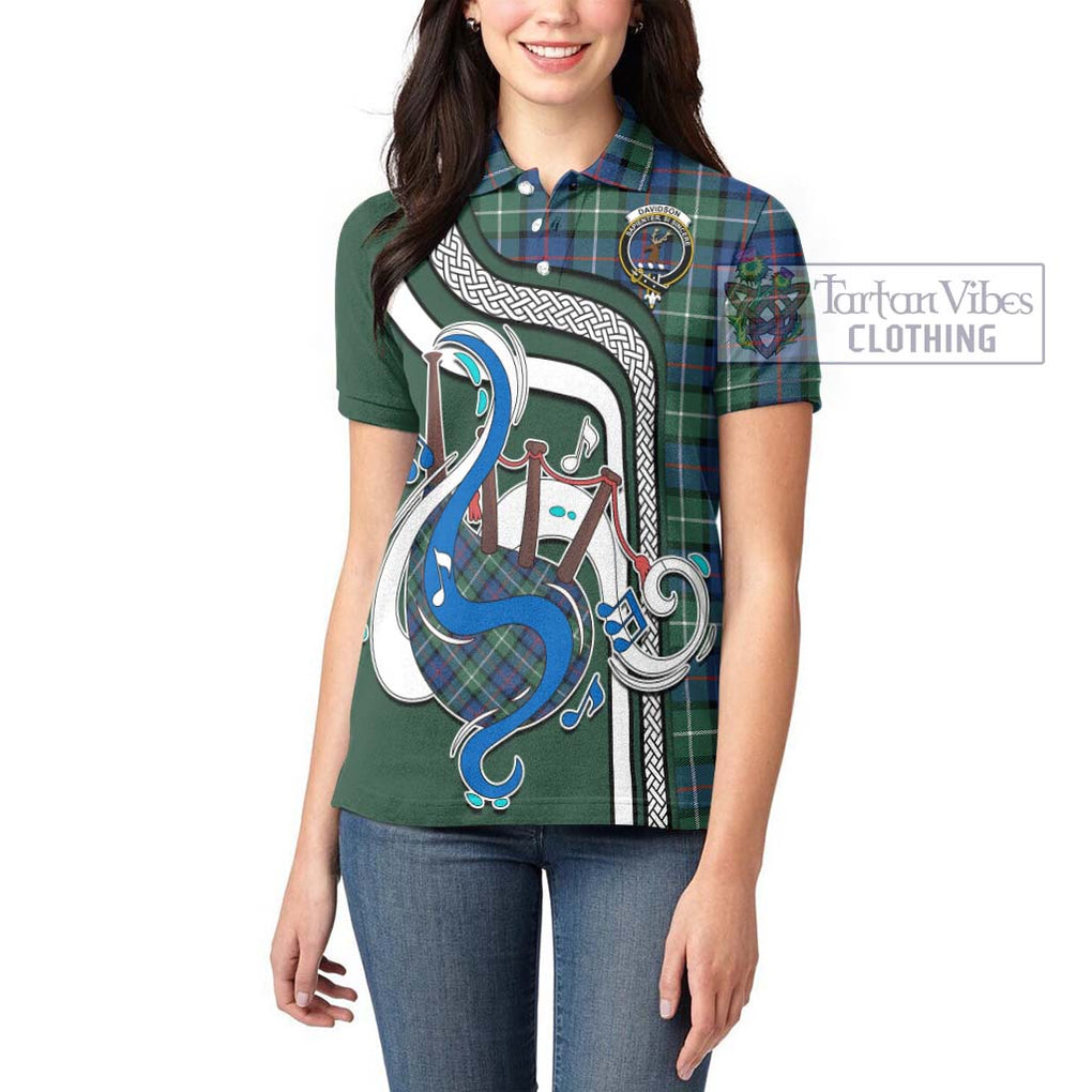 Davidson of Tulloch Tartan Women's Polo Shirt with Epic Bagpipe Style - Tartanvibesclothing Shop