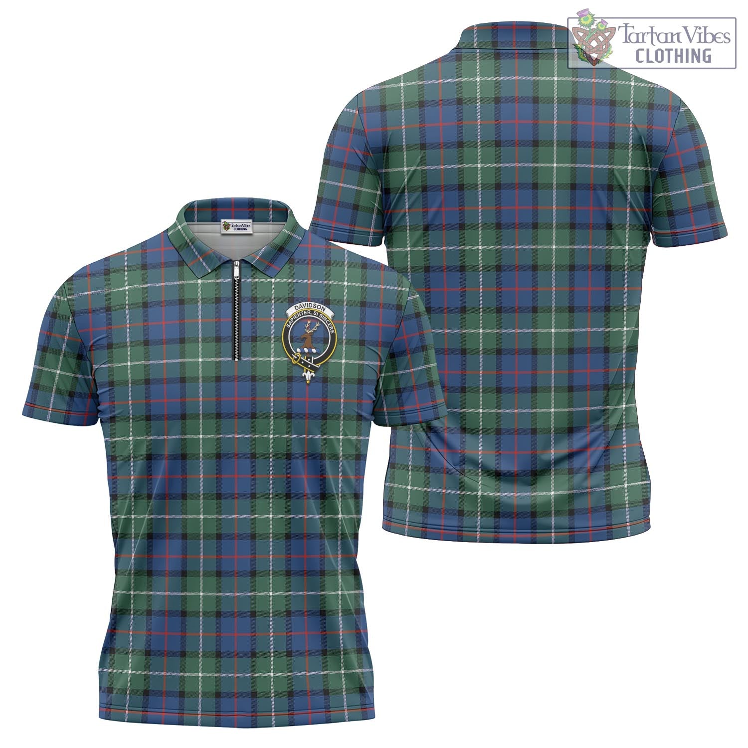 Tartan Vibes Clothing Davidson of Tulloch Tartan Zipper Polo Shirt with Family Crest