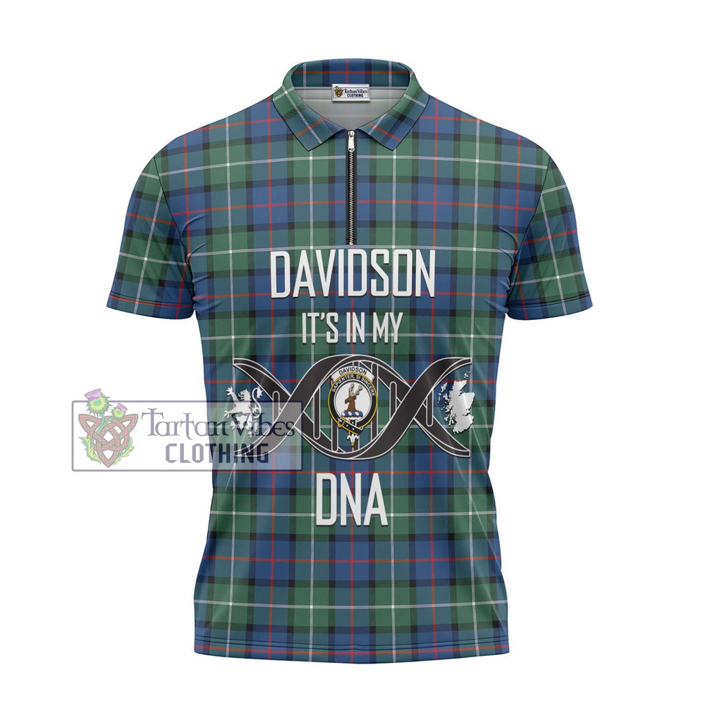 Davidson of Tulloch Tartan Zipper Polo Shirt with Family Crest DNA In Me Style - Tartanvibesclothing Shop