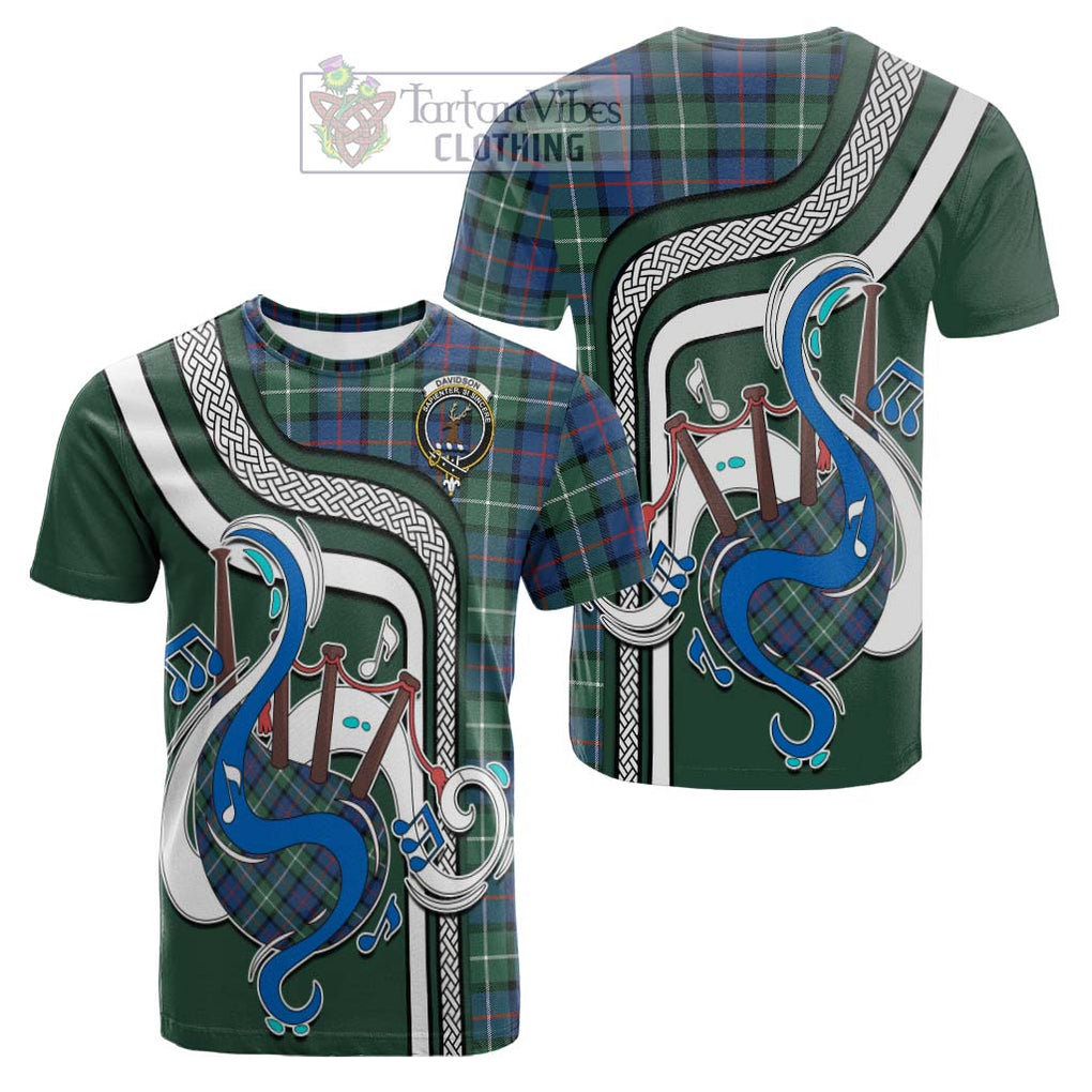 Tartan Vibes Clothing Davidson of Tulloch Tartan Cotton T-shirt with Epic Bagpipe Style