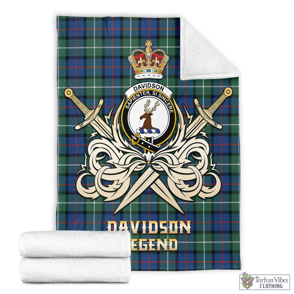 Tartan Vibes Clothing Davidson of Tulloch Tartan Blanket with Clan Crest and the Golden Sword of Courageous Legacy