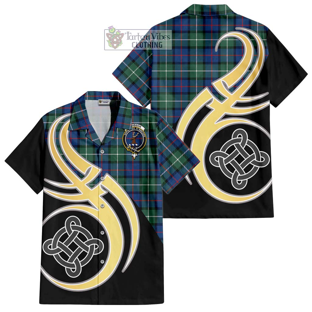 Davidson of Tulloch Tartan Short Sleeve Button Shirt with Family Crest and Celtic Symbol Style - Tartan Vibes Clothing