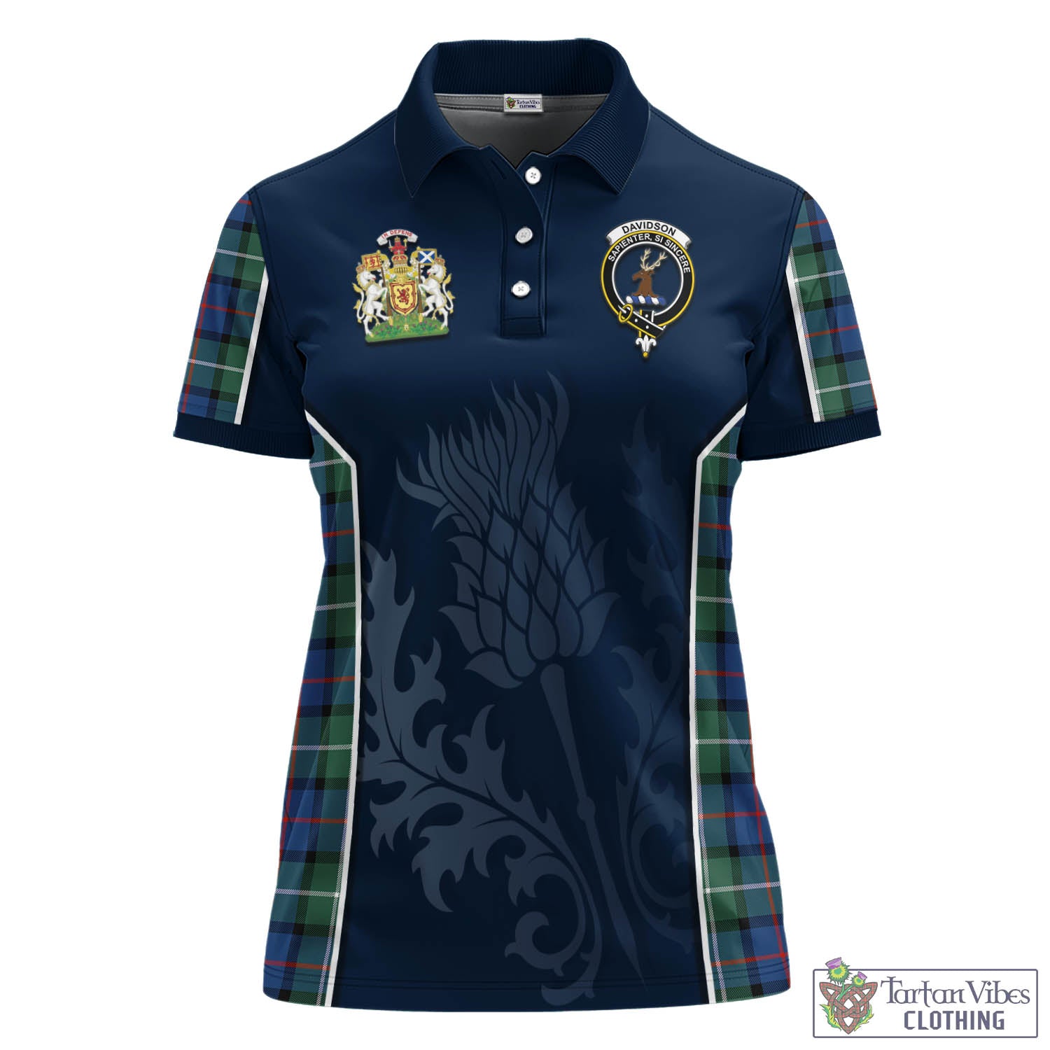 Tartan Vibes Clothing Davidson of Tulloch Tartan Women's Polo Shirt with Family Crest and Scottish Thistle Vibes Sport Style