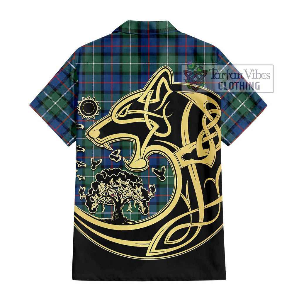 Davidson of Tulloch Tartan Short Sleeve Button Shirt with Family Crest Celtic Wolf Style - Tartan Vibes Clothing