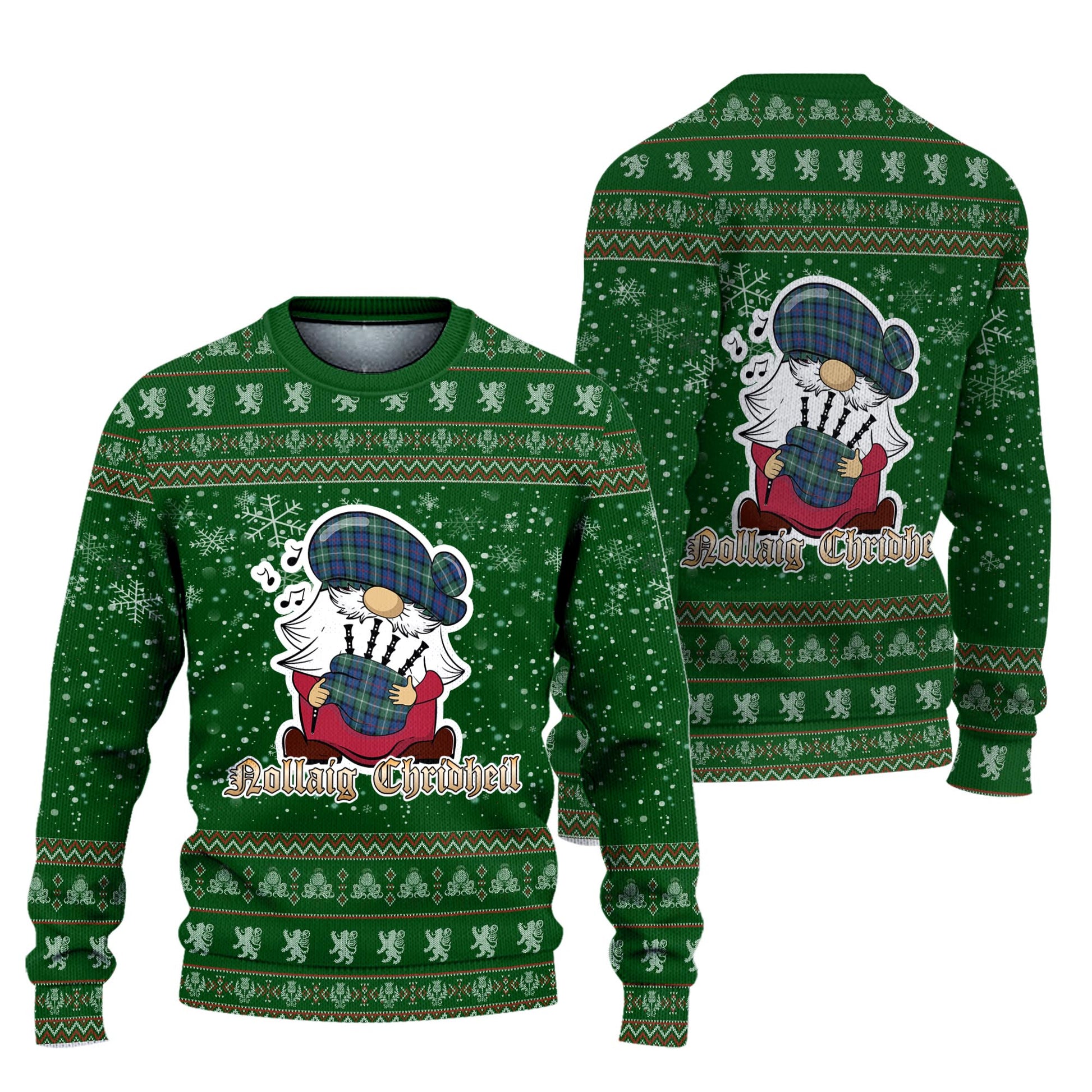 Davidson of Tulloch Clan Christmas Family Knitted Sweater with Funny Gnome Playing Bagpipes Unisex Green - Tartanvibesclothing