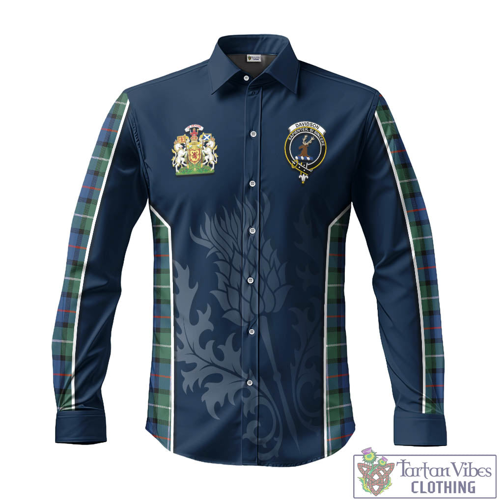 Tartan Vibes Clothing Davidson of Tulloch Tartan Long Sleeve Button Up Shirt with Family Crest and Scottish Thistle Vibes Sport Style