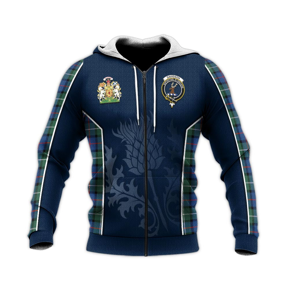 Tartan Vibes Clothing Davidson of Tulloch Tartan Knitted Hoodie with Family Crest and Scottish Thistle Vibes Sport Style