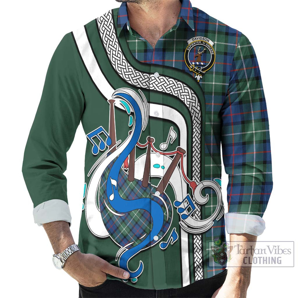 Davidson of Tulloch Tartan Long Sleeve Button Shirt with Epic Bagpipe Style - Tartanvibesclothing Shop