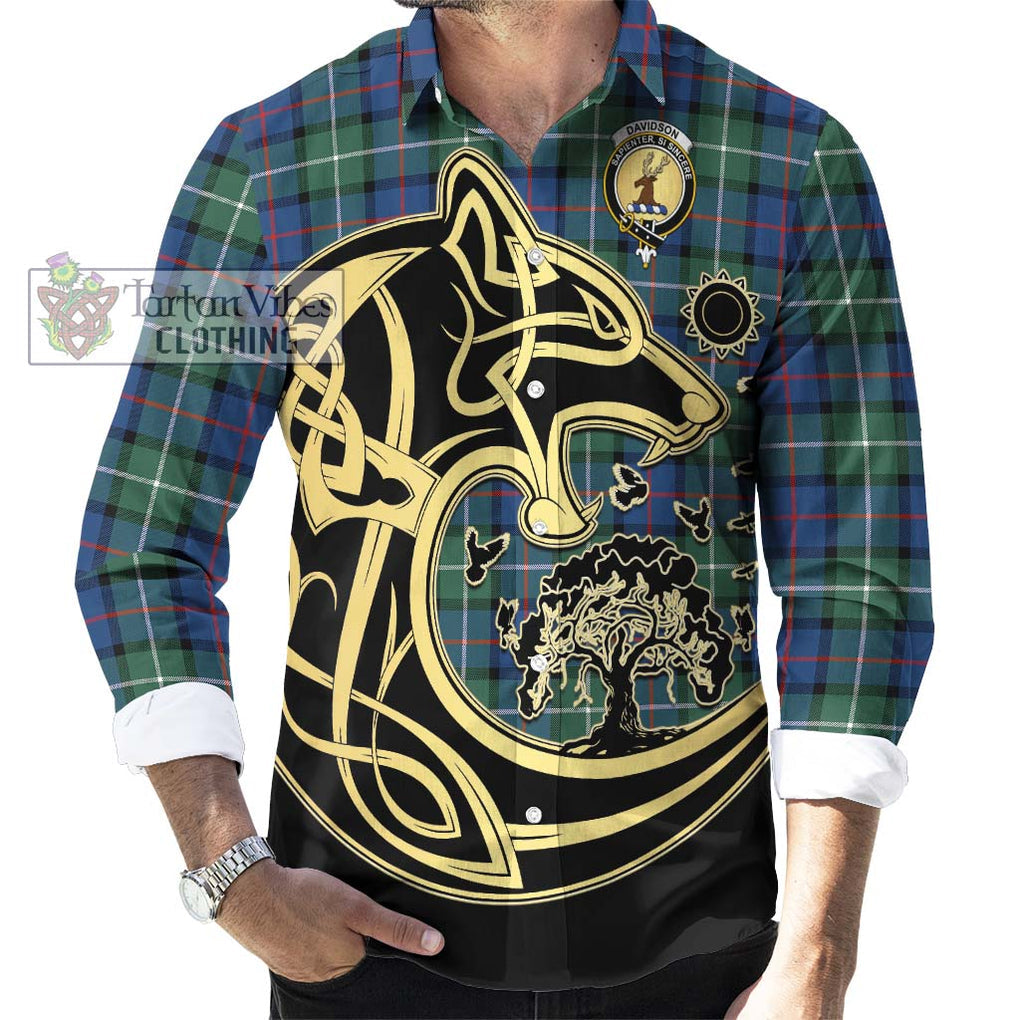 Davidson of Tulloch Tartan Long Sleeve Button Shirt with Family Crest Celtic Wolf Style - Tartan Vibes Clothing