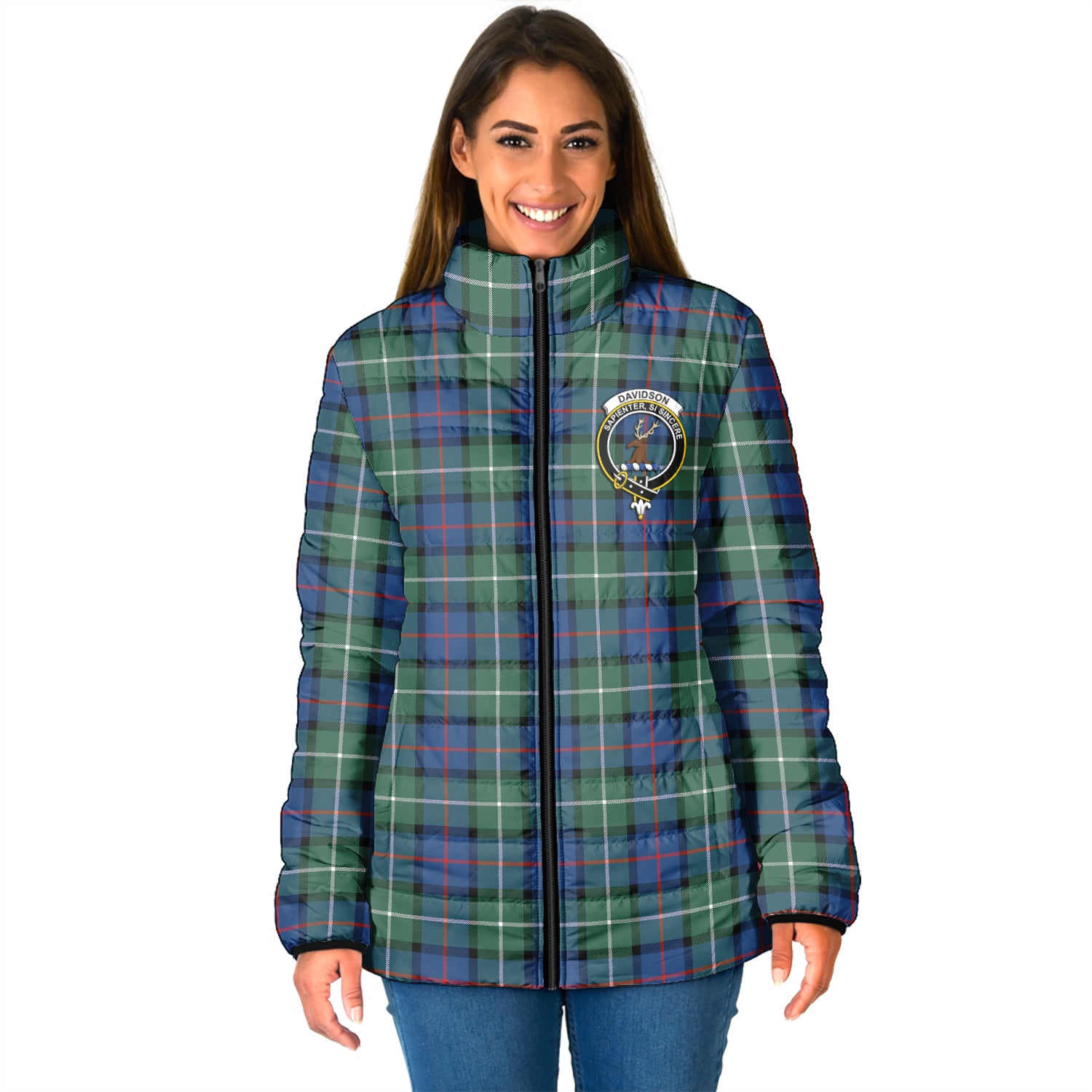 Davidson of Tulloch Tartan Padded Jacket with Family Crest - Tartan Vibes Clothing