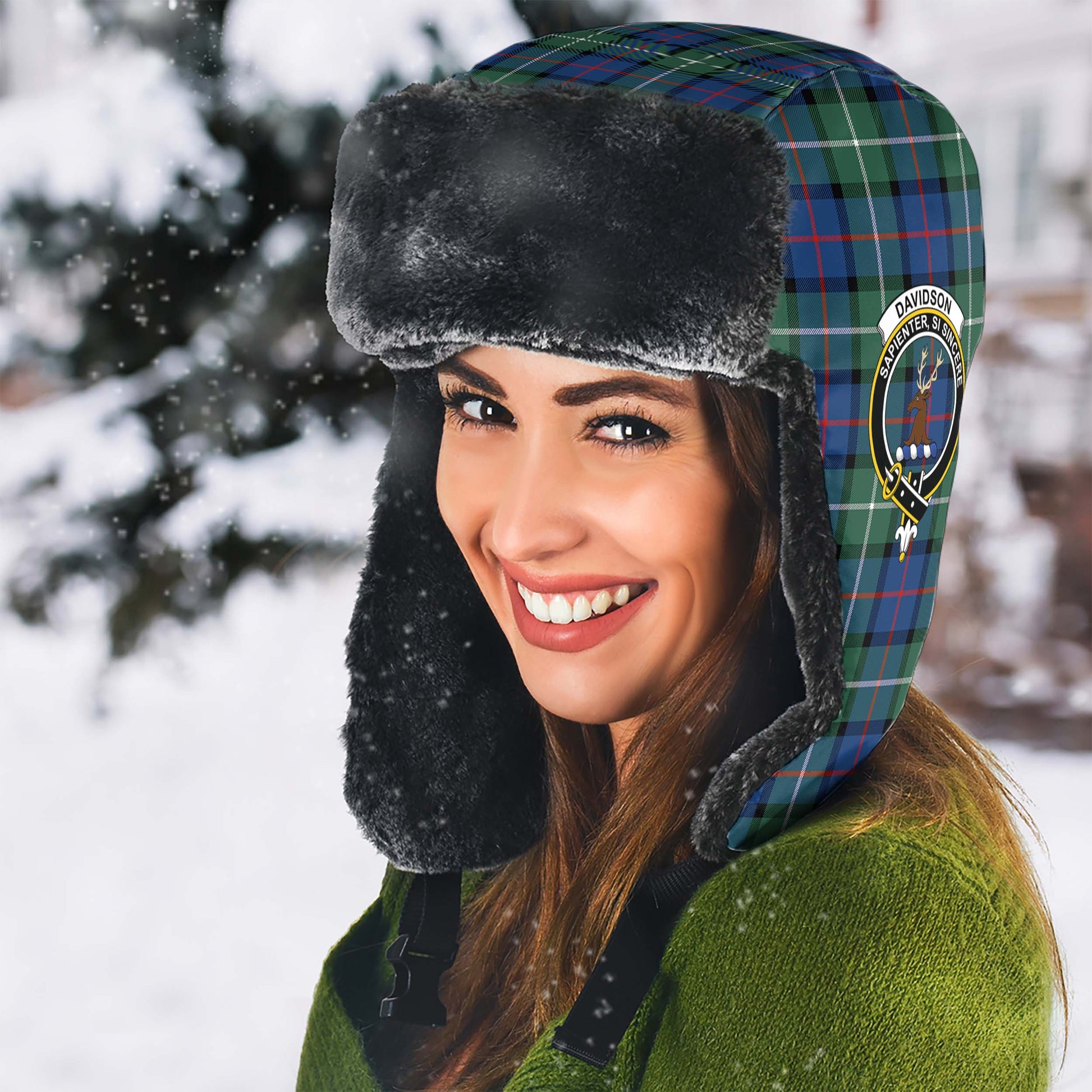 Davidson of Tulloch Tartan Winter Trapper Hat with Family Crest - Tartanvibesclothing