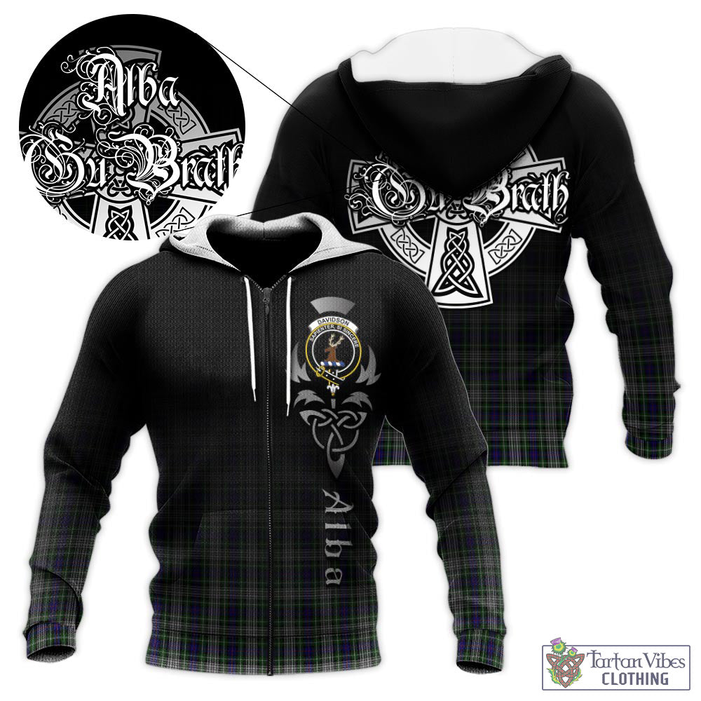 Tartan Vibes Clothing Davidson of Tulloch Dress Tartan Knitted Hoodie Featuring Alba Gu Brath Family Crest Celtic Inspired