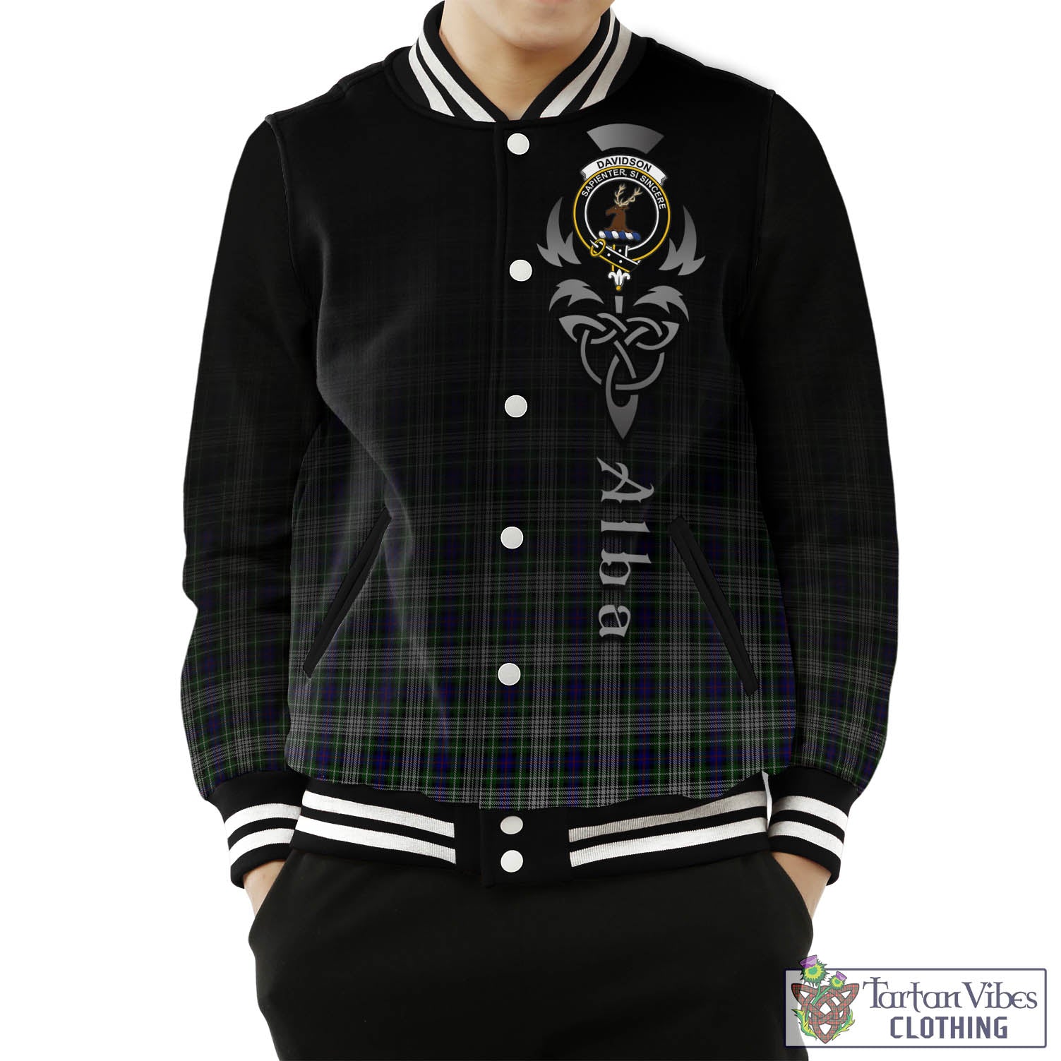 Tartan Vibes Clothing Davidson of Tulloch Dress Tartan Baseball Jacket Featuring Alba Gu Brath Family Crest Celtic Inspired