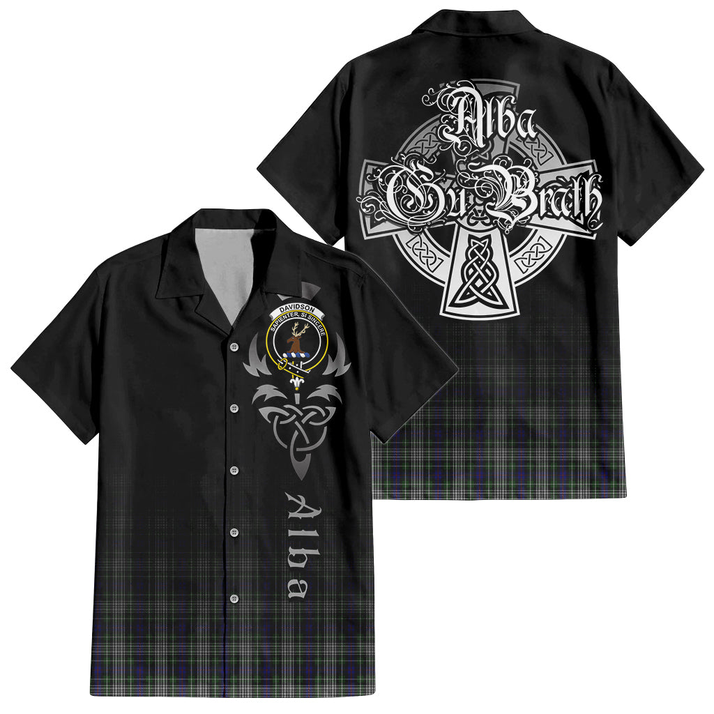 Tartan Vibes Clothing Davidson of Tulloch Dress Tartan Short Sleeve Button Up Featuring Alba Gu Brath Family Crest Celtic Inspired