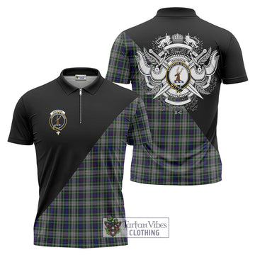 Davidson of Tulloch Dress Tartan Zipper Polo Shirt with Family Crest and Military Logo Style