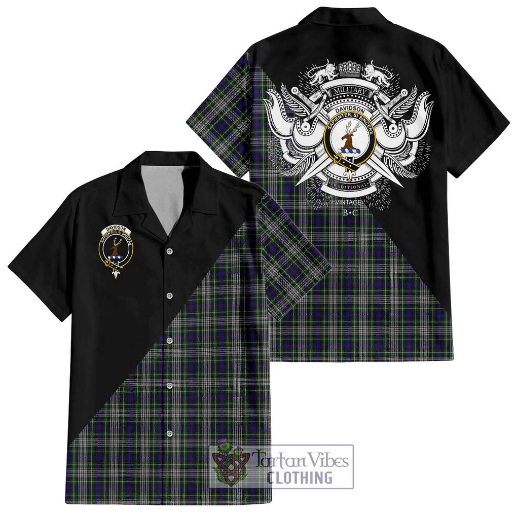 Davidson of Tulloch Dress Tartan Short Sleeve Button Shirt with Family Crest and Military Logo Style Kid - Tartanvibesclothing Shop