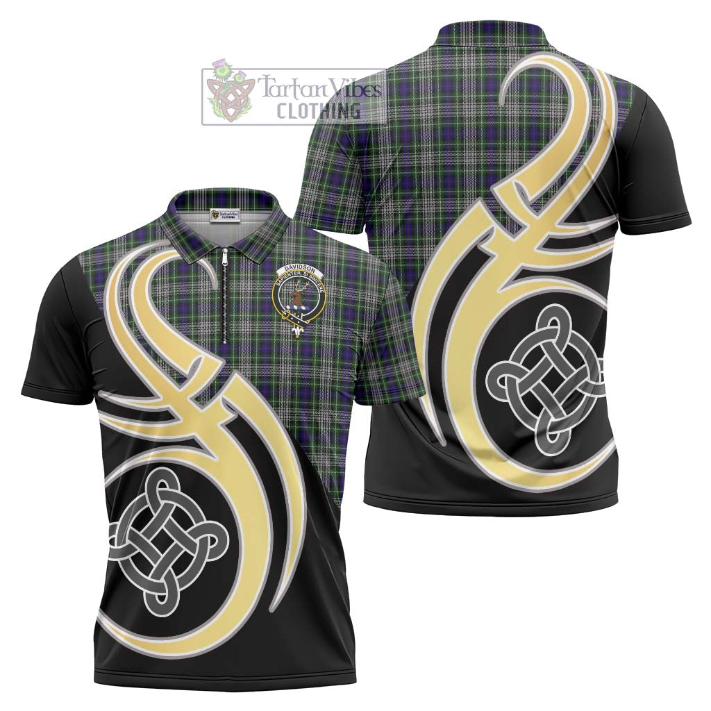 Tartan Vibes Clothing Davidson of Tulloch Dress Tartan Zipper Polo Shirt with Family Crest and Celtic Symbol Style