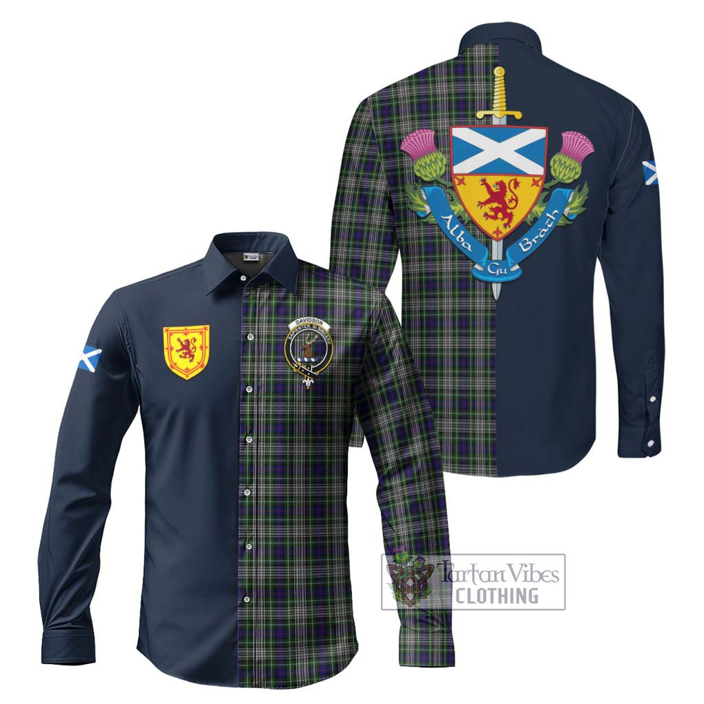 Tartan Vibes Clothing Davidson of Tulloch Dress Tartan Long Sleeve Button Shirt with Scottish Lion Royal Arm Half Style