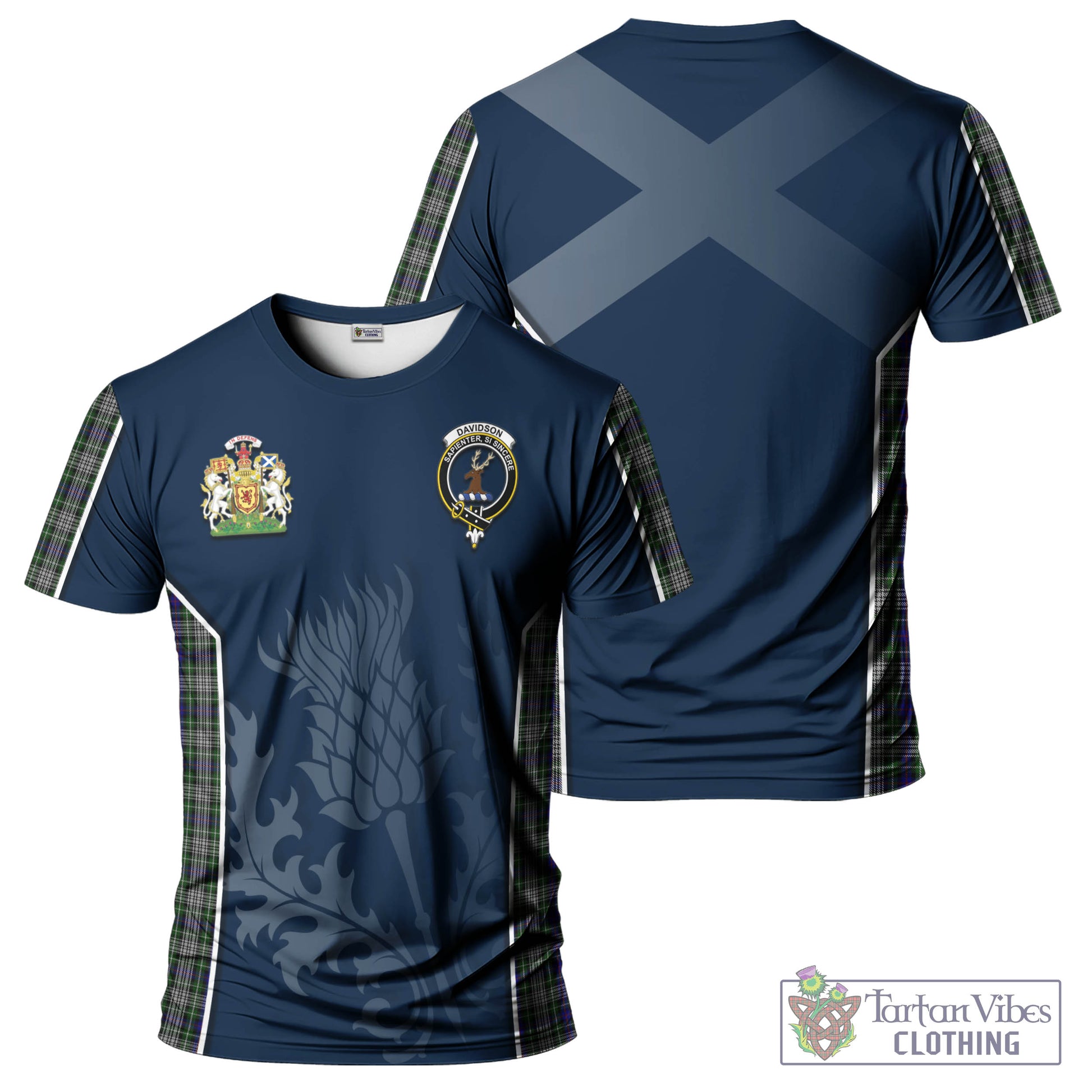 Tartan Vibes Clothing Davidson of Tulloch Dress Tartan T-Shirt with Family Crest and Scottish Thistle Vibes Sport Style