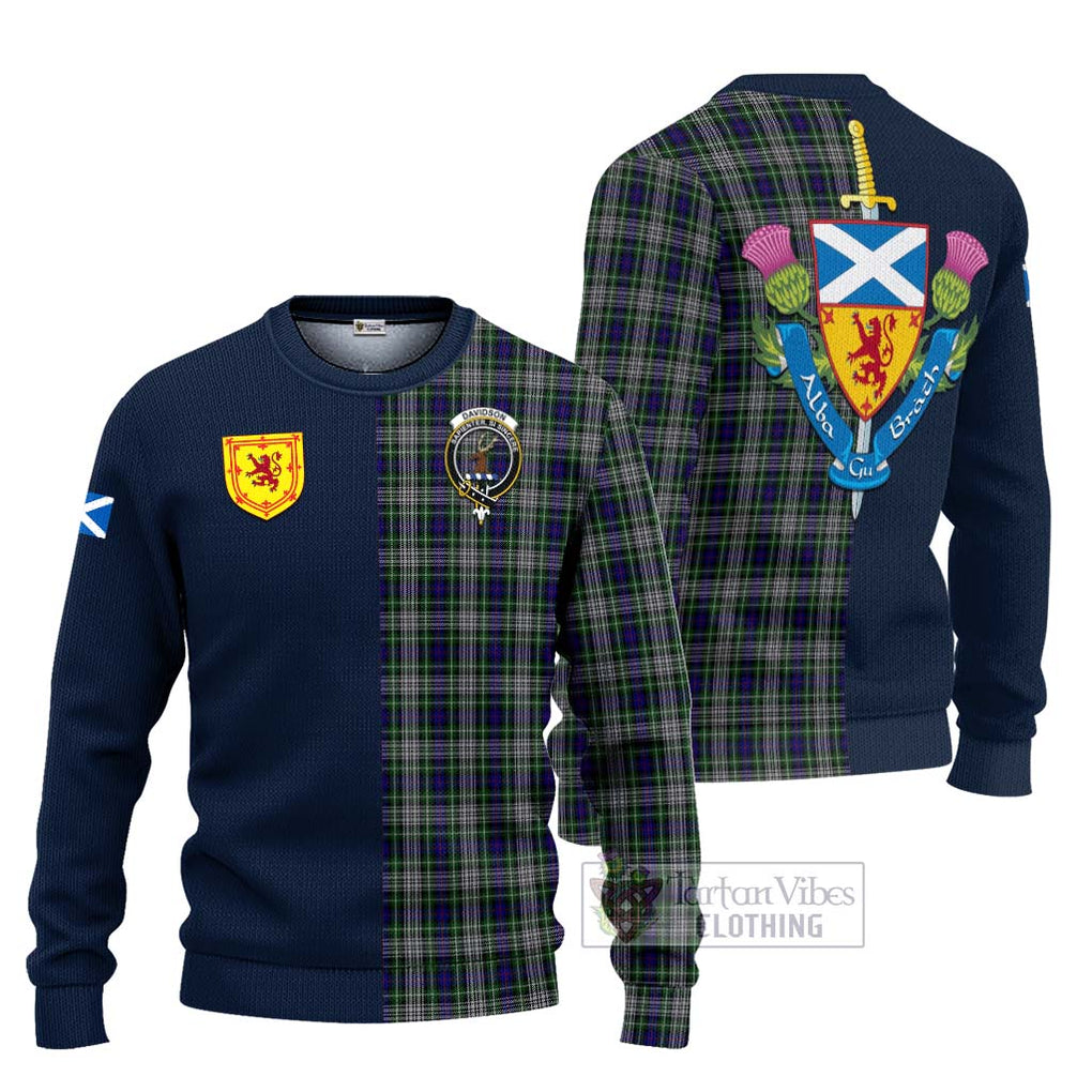 Tartan Vibes Clothing Davidson of Tulloch Dress Tartan Knitted Sweater with Scottish Lion Royal Arm Half Style