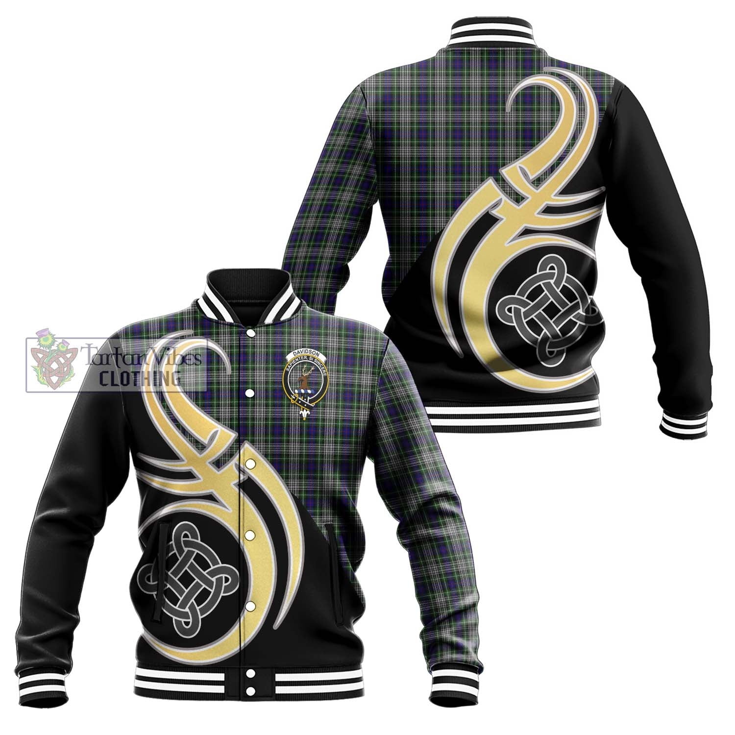 Davidson of Tulloch Dress Tartan Baseball Jacket with Family Crest and Celtic Symbol Style Unisex - Tartan Vibes Clothing