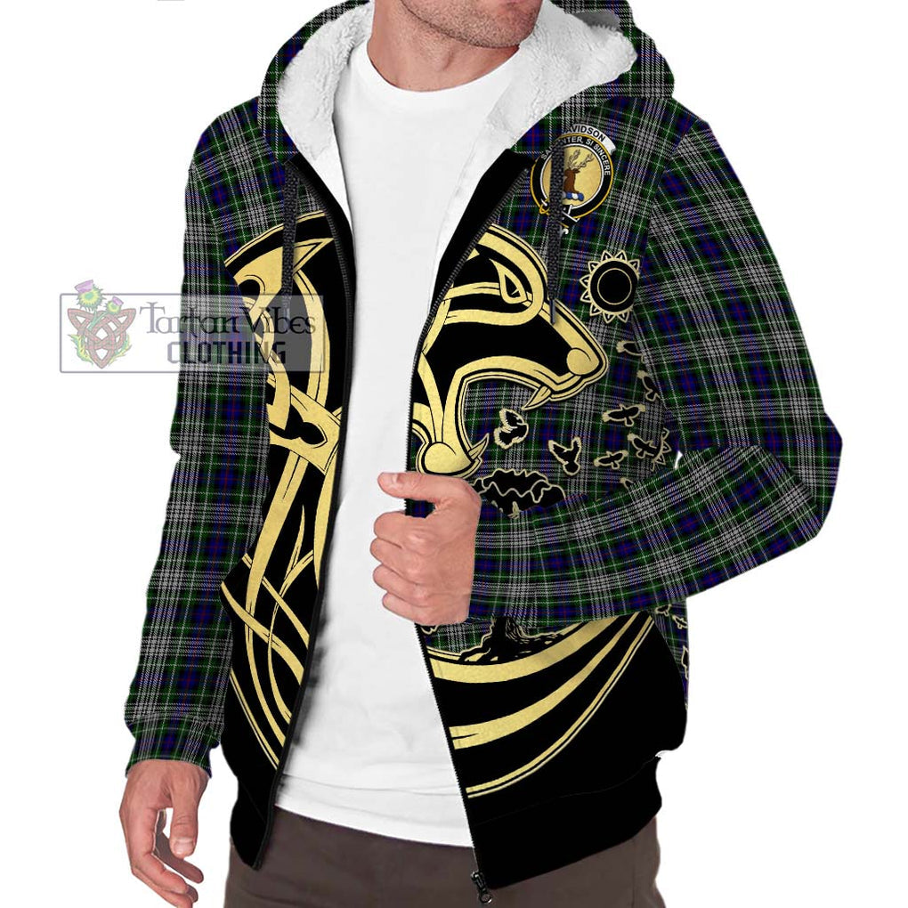 Davidson of Tulloch Dress Tartan Sherpa Hoodie with Family Crest Celtic Wolf Style Unisex S - Tartan Vibes Clothing