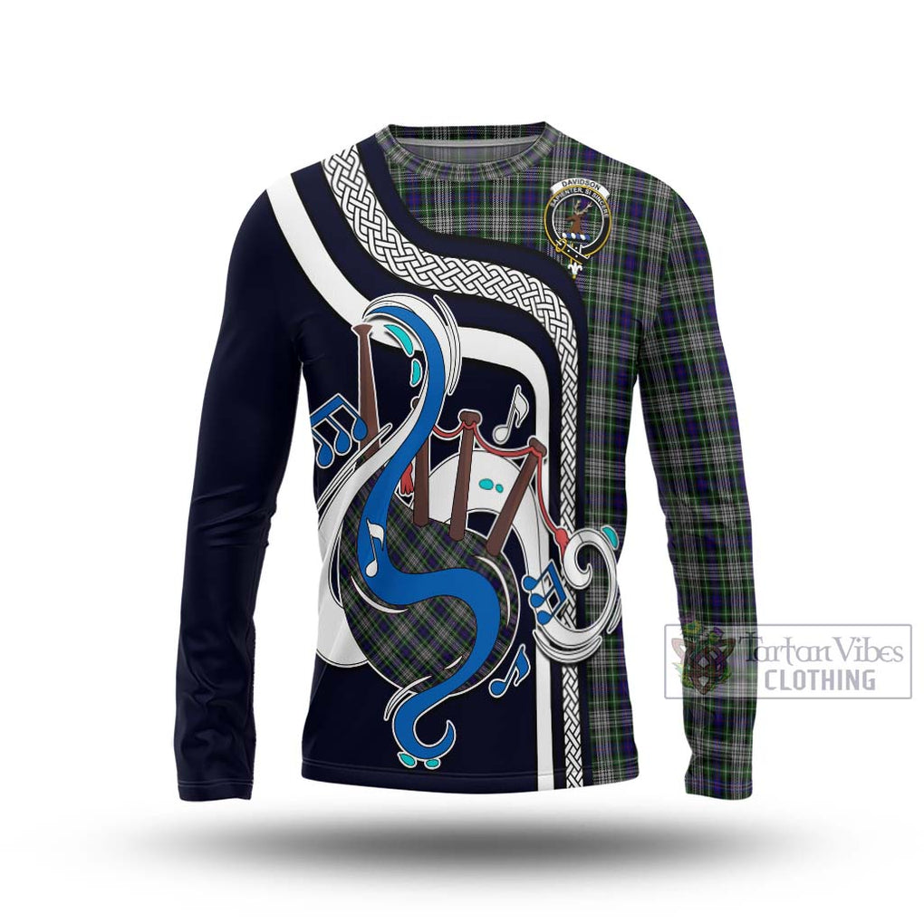 Tartan Vibes Clothing Davidson of Tulloch Dress Tartan Long Sleeve T-Shirt with Epic Bagpipe Style