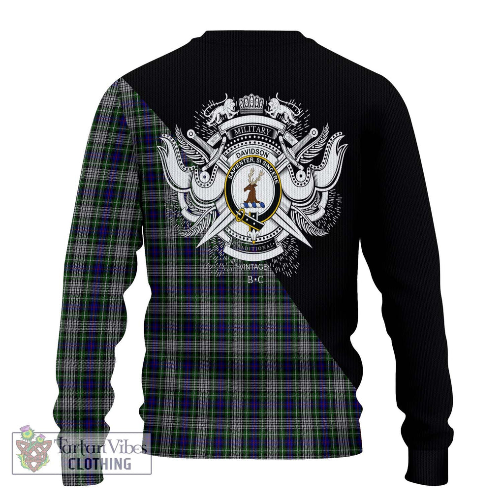 Davidson of Tulloch Dress Tartan Knitted Sweater with Family Crest and Military Logo Style - Tartanvibesclothing Shop