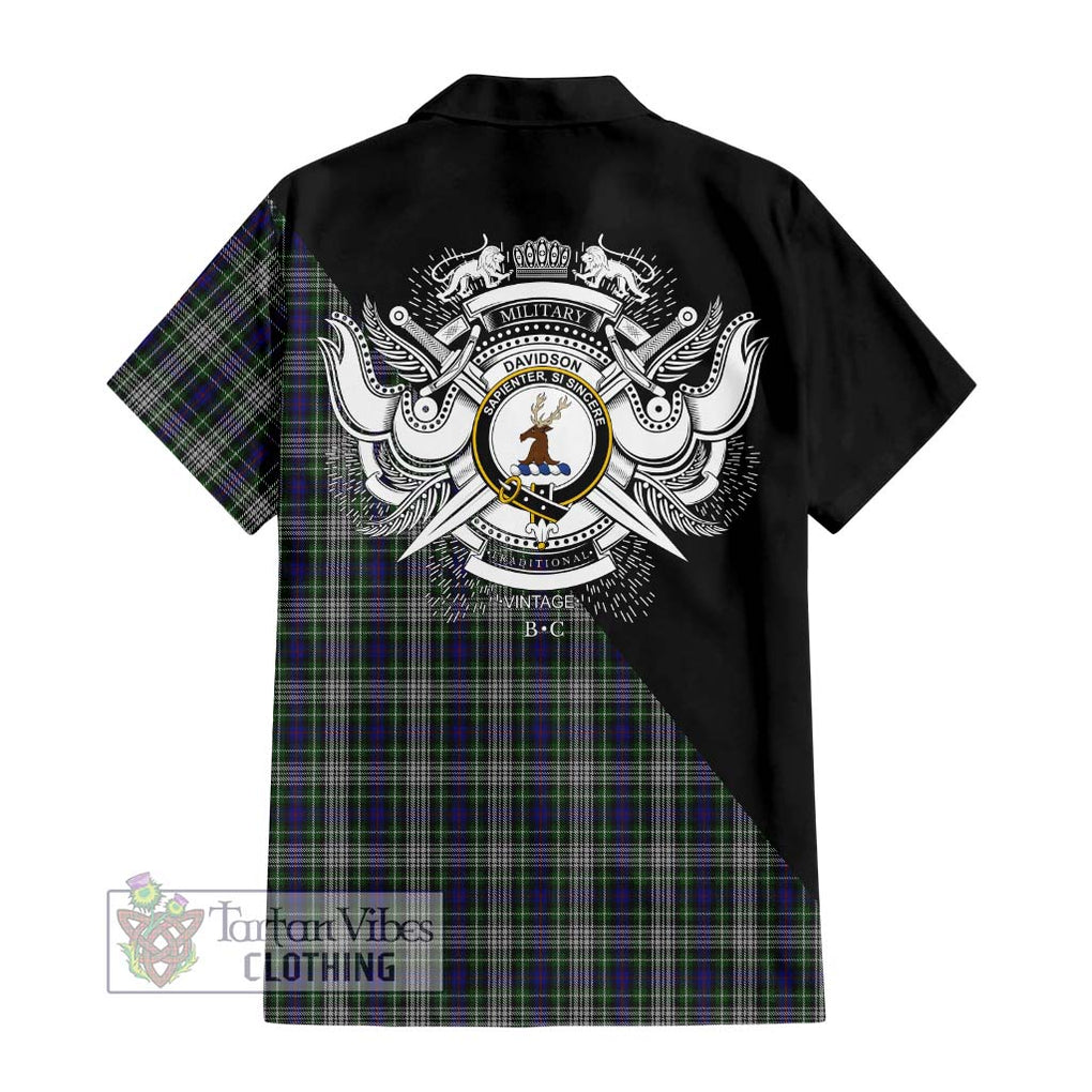 Davidson of Tulloch Dress Tartan Short Sleeve Button Shirt with Family Crest and Military Logo Style - Tartanvibesclothing Shop