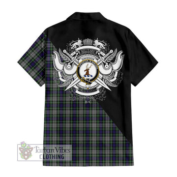 Davidson of Tulloch Dress Tartan Short Sleeve Button Shirt with Family Crest and Military Logo Style