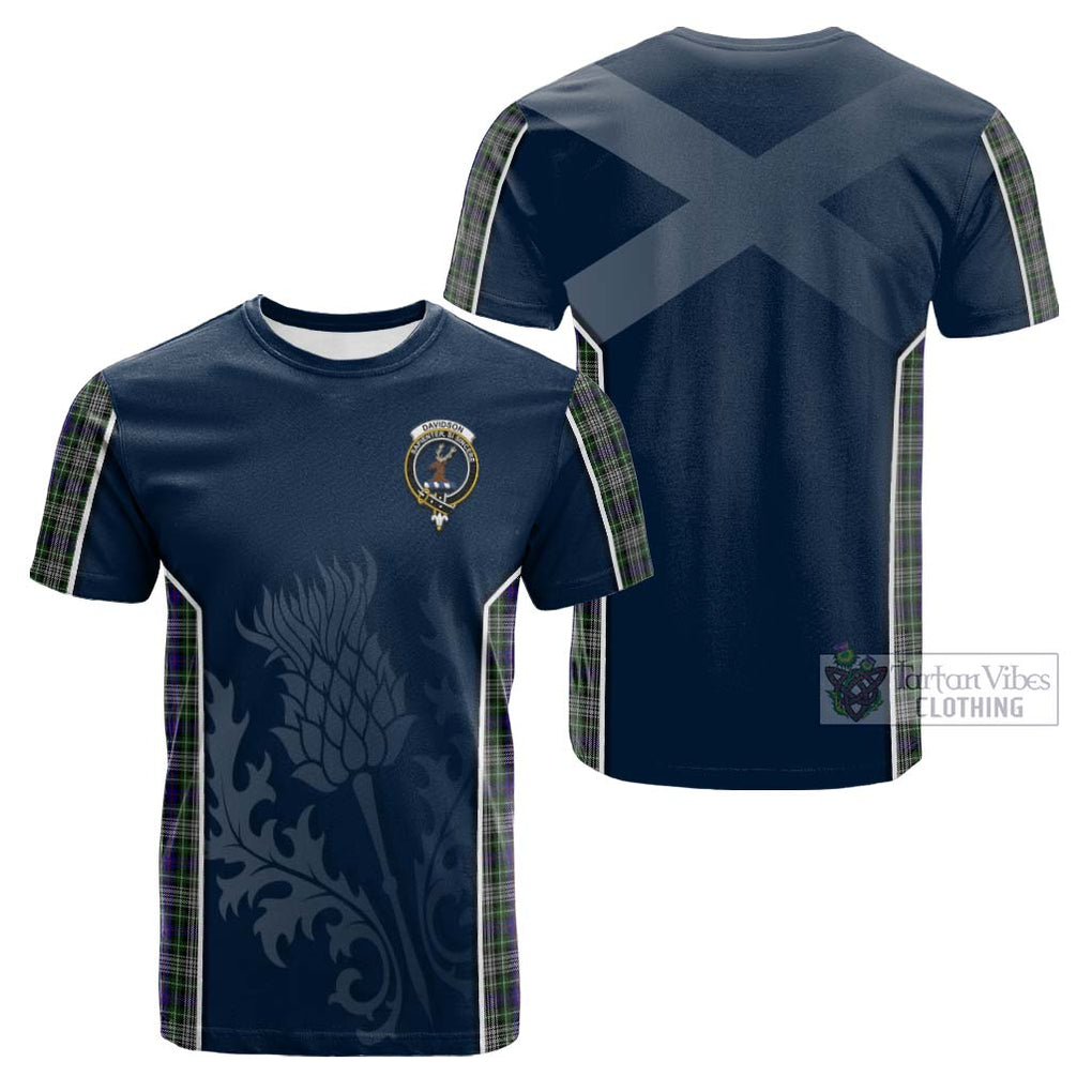 Tartan Vibes Clothing Davidson of Tulloch Dress Tartan Cotton T-shirt with Family Crest and Scottish Thistle Vibes Sport Style