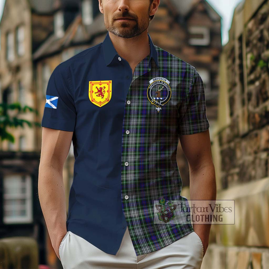 Tartan Vibes Clothing Davidson of Tulloch Dress Tartan Short Sleeve Button Shirt with Scottish Lion Royal Arm Half Style