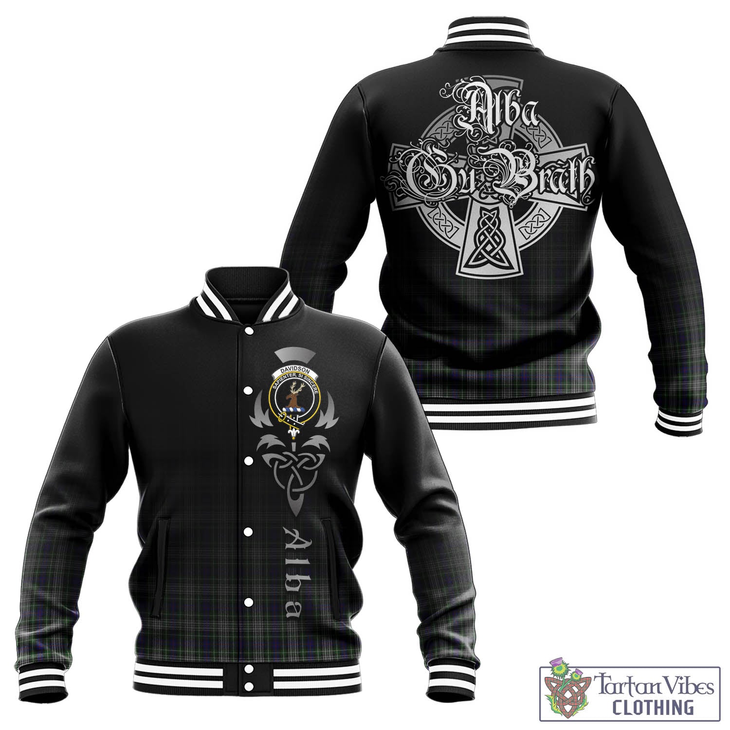 Tartan Vibes Clothing Davidson of Tulloch Dress Tartan Baseball Jacket Featuring Alba Gu Brath Family Crest Celtic Inspired