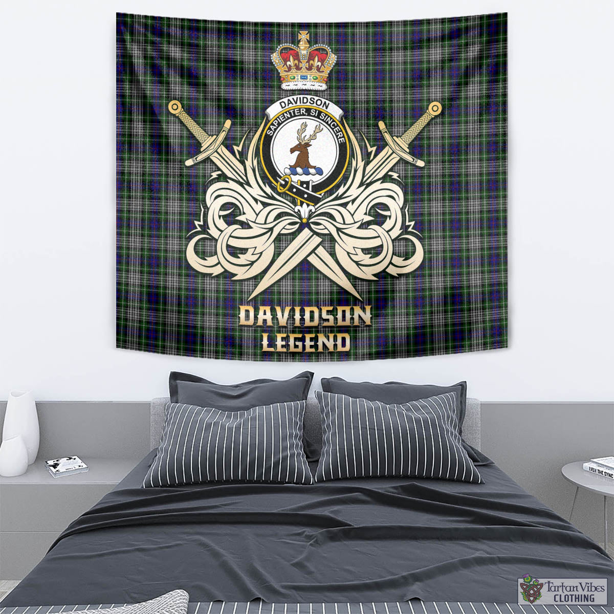 Tartan Vibes Clothing Davidson of Tulloch Dress Tartan Tapestry with Clan Crest and the Golden Sword of Courageous Legacy