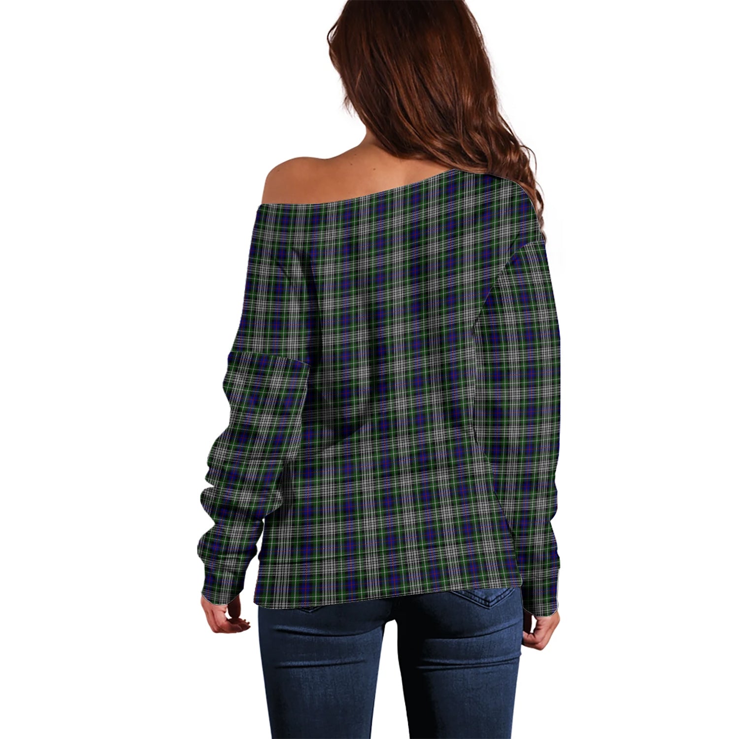 Davidson of Tulloch Dress Tartan Off Shoulder Women Sweater with Family Crest - Tartanvibesclothing