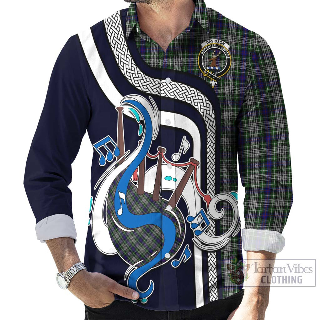 Davidson of Tulloch Dress Tartan Long Sleeve Button Shirt with Epic Bagpipe Style - Tartanvibesclothing Shop