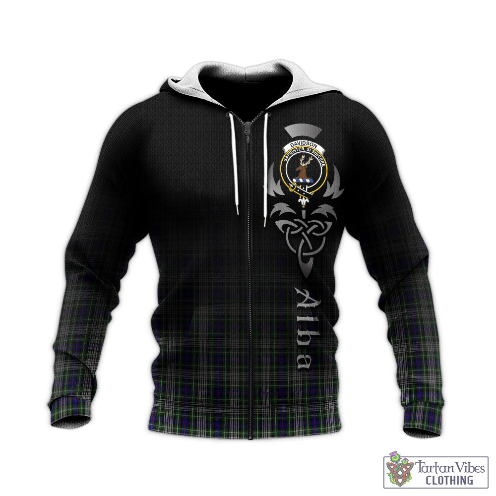 Tartan Vibes Clothing Davidson of Tulloch Dress Tartan Knitted Hoodie Featuring Alba Gu Brath Family Crest Celtic Inspired