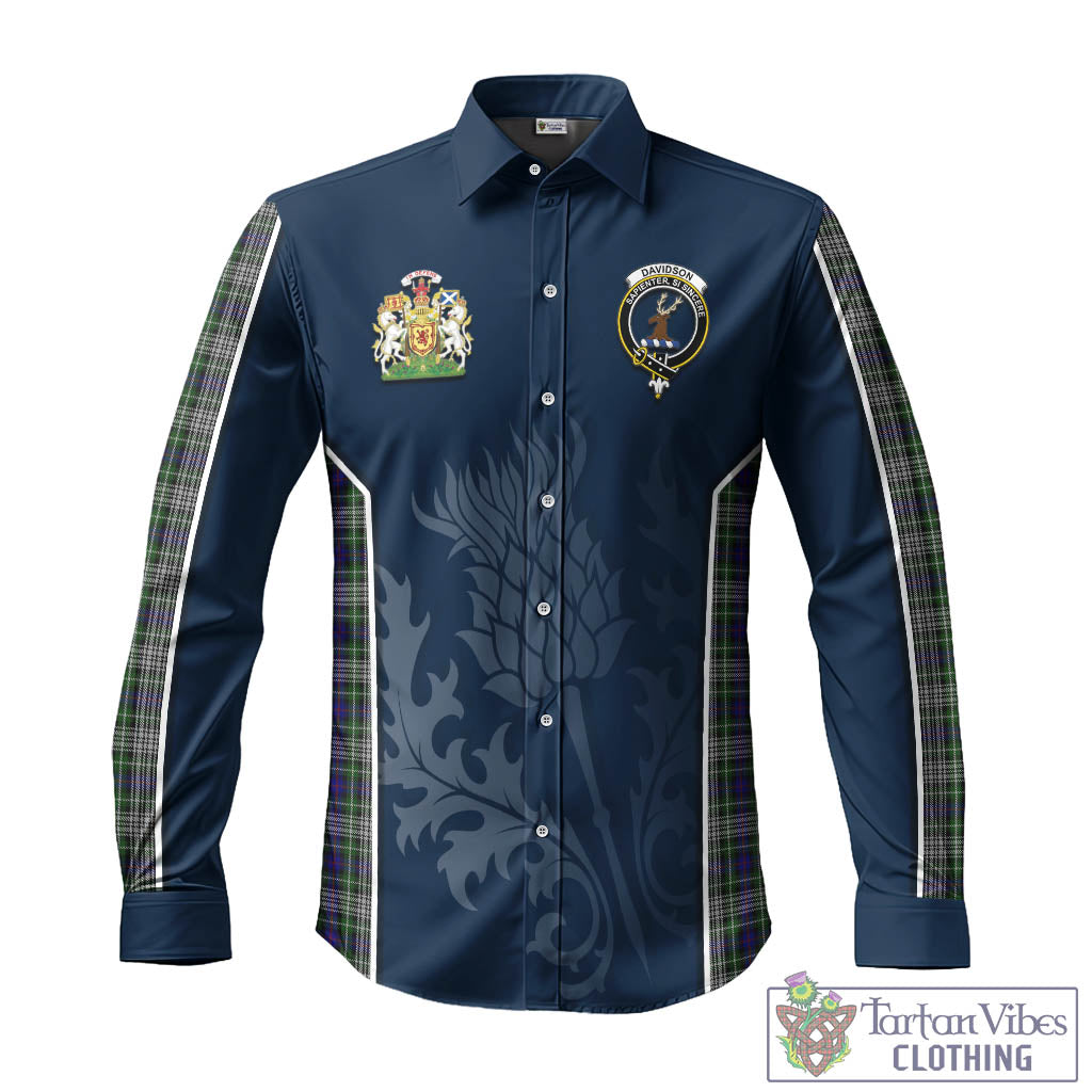 Tartan Vibes Clothing Davidson of Tulloch Dress Tartan Long Sleeve Button Up Shirt with Family Crest and Scottish Thistle Vibes Sport Style