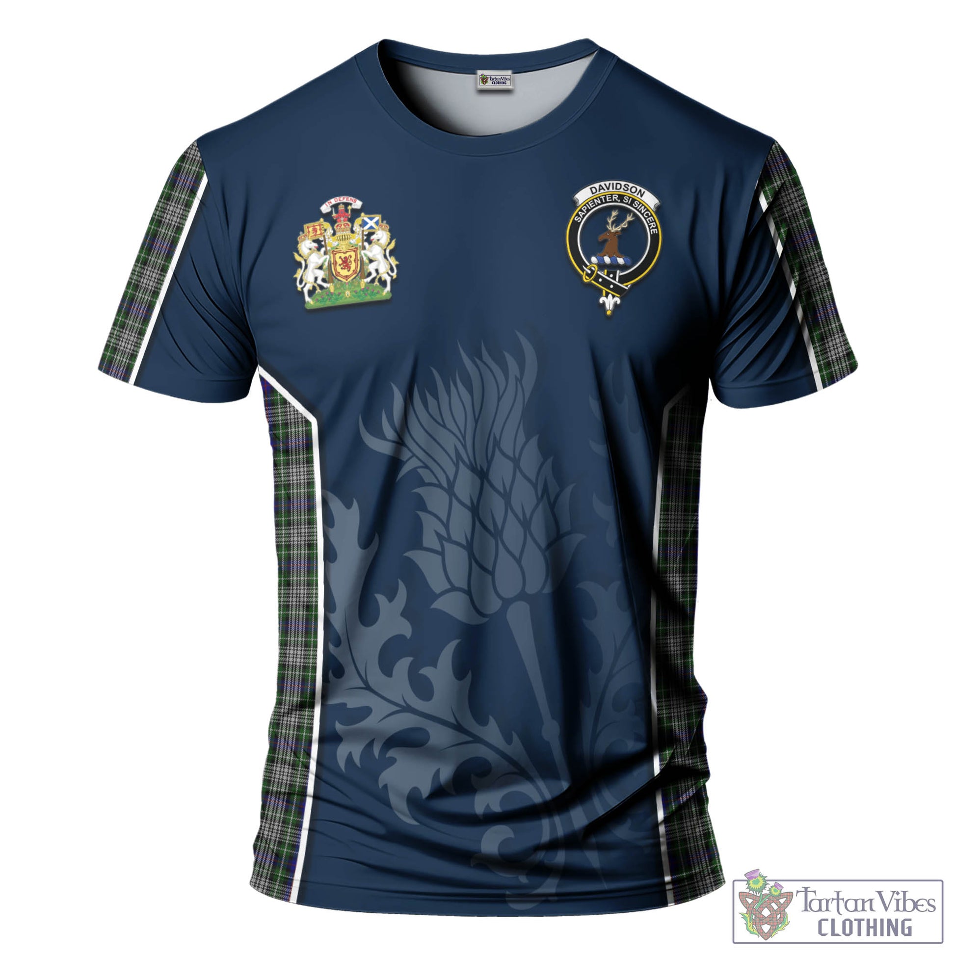 Tartan Vibes Clothing Davidson of Tulloch Dress Tartan T-Shirt with Family Crest and Scottish Thistle Vibes Sport Style