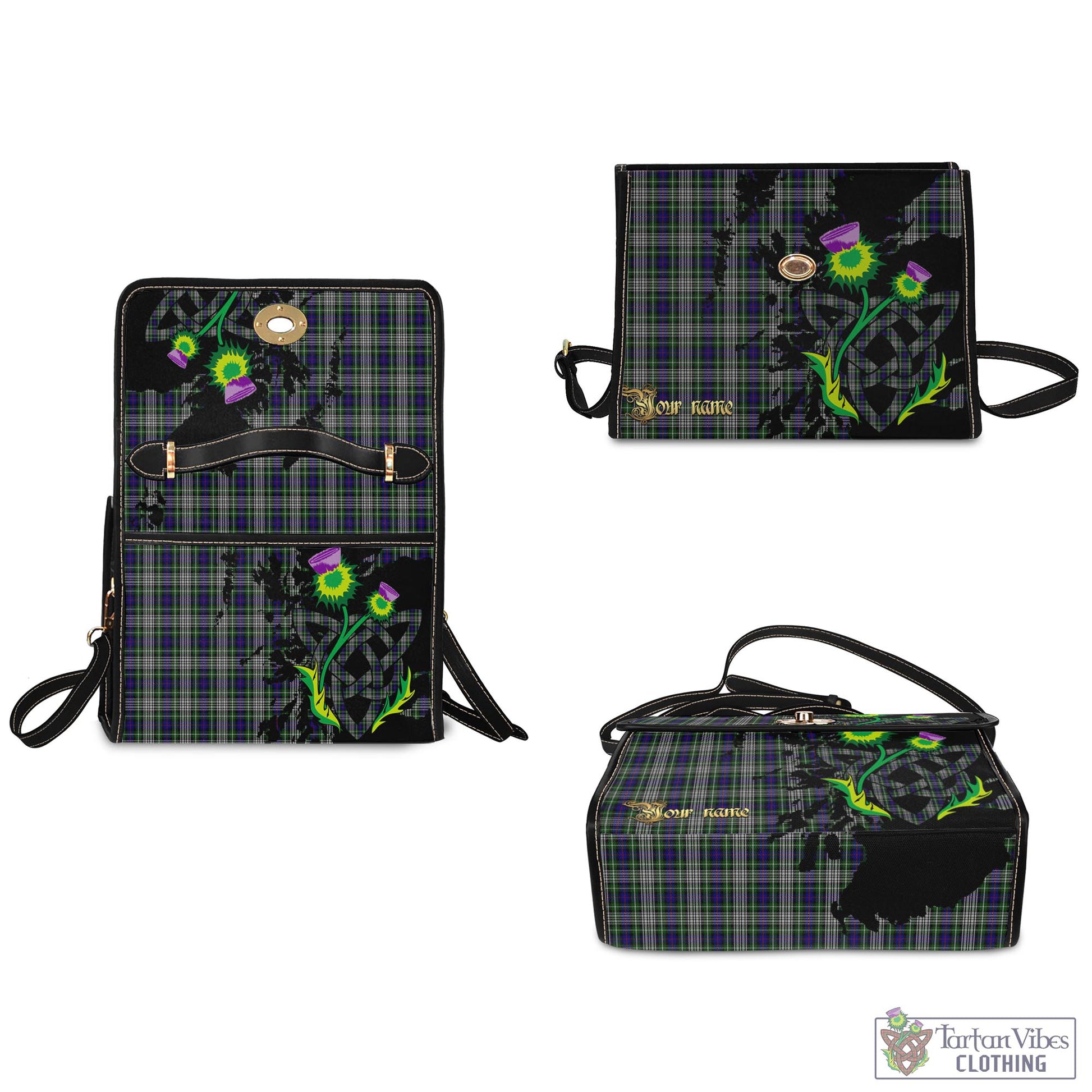 Tartan Vibes Clothing Davidson of Tulloch Dress Tartan Waterproof Canvas Bag with Scotland Map and Thistle Celtic Accents