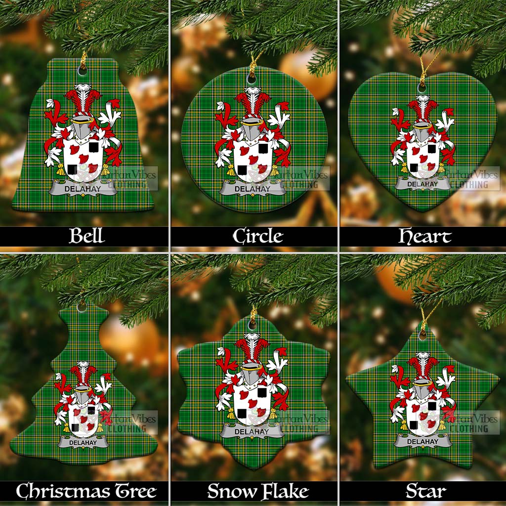 Tartan Vibes Clothing Delahay Irish Clan Tartan Christmas Ceramic Ornament with Coat of Arms