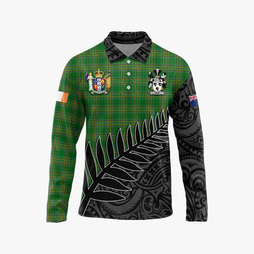 Denn Irish Clan Tartan Long Sleeve Polo Shirt with Coat of Arms New Zealand Silver Fern Half Style