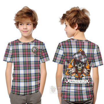 Dennistoun Tartan Kid T-Shirt with Family Crest and Bearded Skull Holding Bottles of Whiskey