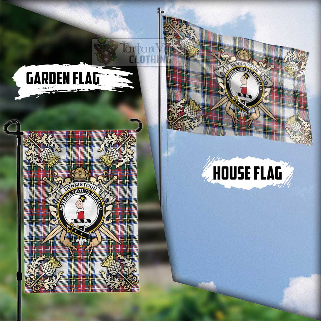 Tartan Vibes Clothing Dennistoun Tartan Flag with Family Crest and Golden Thistle Crossed Sword Design