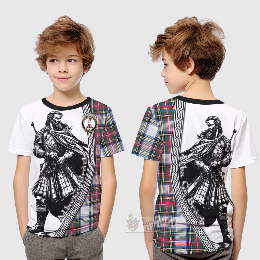 Tartan Vibes Clothing Dennistoun Tartan Clan Crest Kid T-Shirt with Highlander Warrior Celtic Style